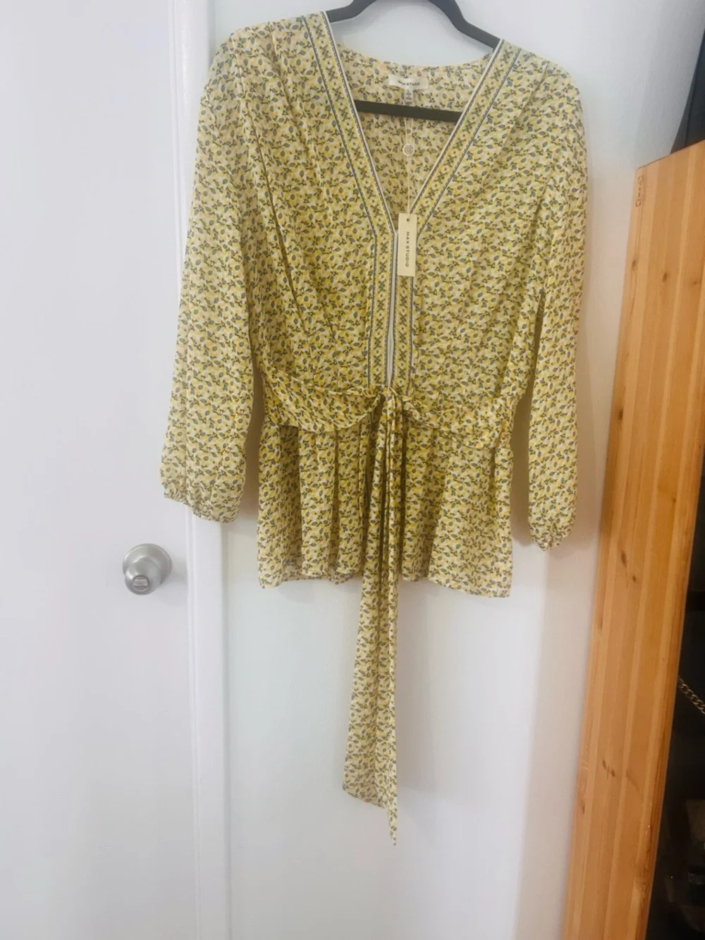 Max Studio Yellow Floral V-Neck Tie-Front Blouse - Picture 8 of 8